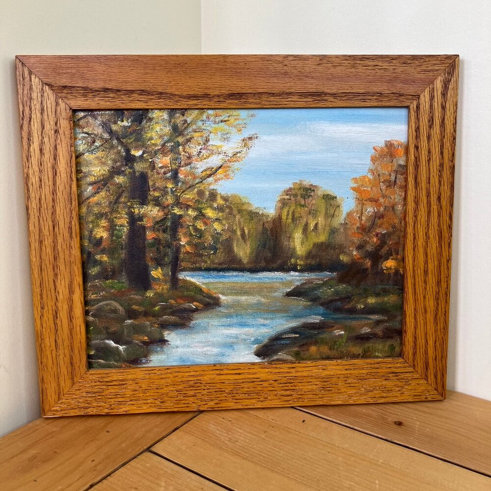 Autumn River Original Framed Oil Painting Forest Trees Vintage Art
